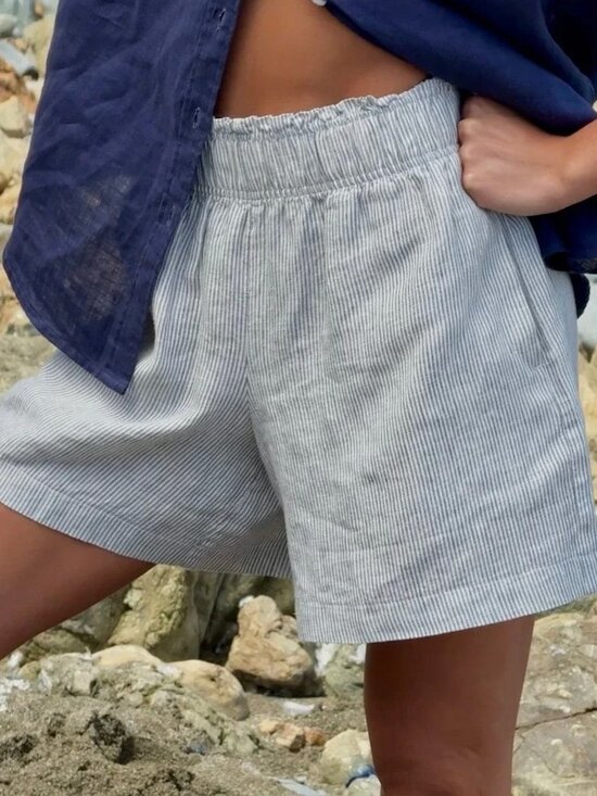 Quince Pants - QUINCE 100% European Linen High Rise Blue Pinstriped Shorts M